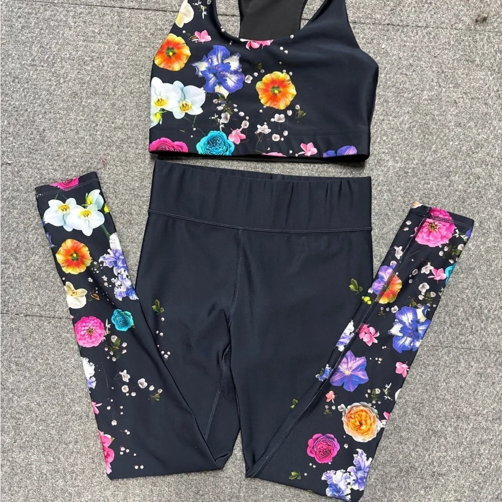 Terez Floral Leggings and Sports Bra Set - Black with Multicolor Flowers